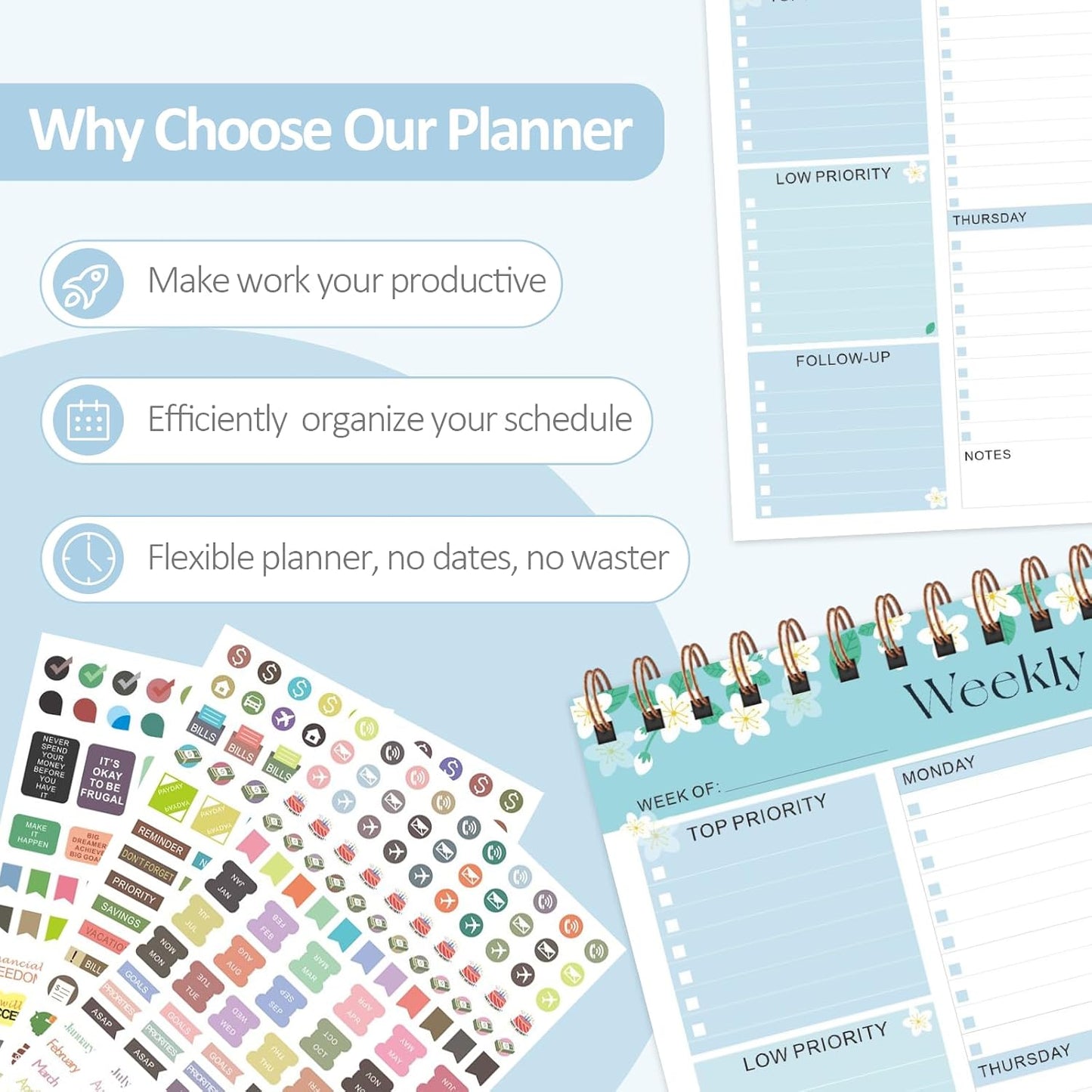 Weekly To Do List Notepad, 52 Sheets, Undated Weekly Planner, Letter Size | 8.5"x11", 100GSM, Thick Paper, Twin-Wire Spiral Bound, Tear Off Desk Pad, For Women & Man, Home School & Office Work