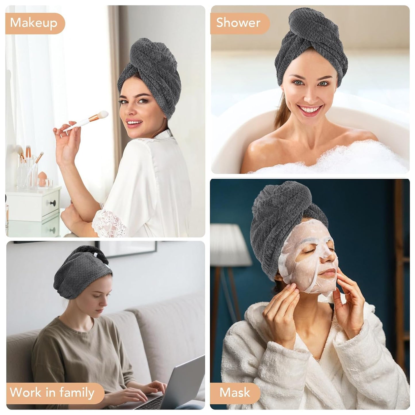 SINLAND Microfiber Hair Drying Cap Hair Towel Turban Twist for Women Fast Drying Towels Head Turban Absorbent Soft Lightweight 3 Pack Black