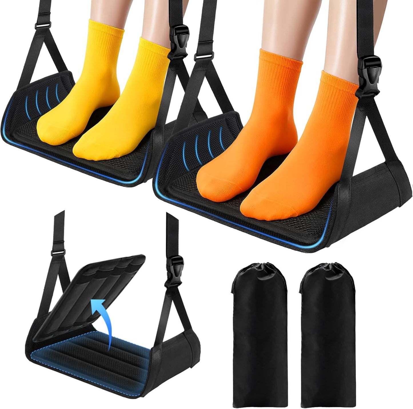 ExploreBliss Airplane Foot Rest - Lightweight Foot Hammock for Plane Travel with Adjustable Strap & Thick Board, Tray Table Under Desk Footrest to Relax Feet, Travel Essentials for Long Flights(Black)