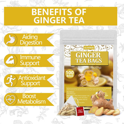 100 Premium Ginger Tea Bags/7.06 Oz, Made with 100% High-Spiciness Ginger Root, Full of Flavor & Spicy, Support Digestion & Boost Immunity, No Additives & Caffeine Free.