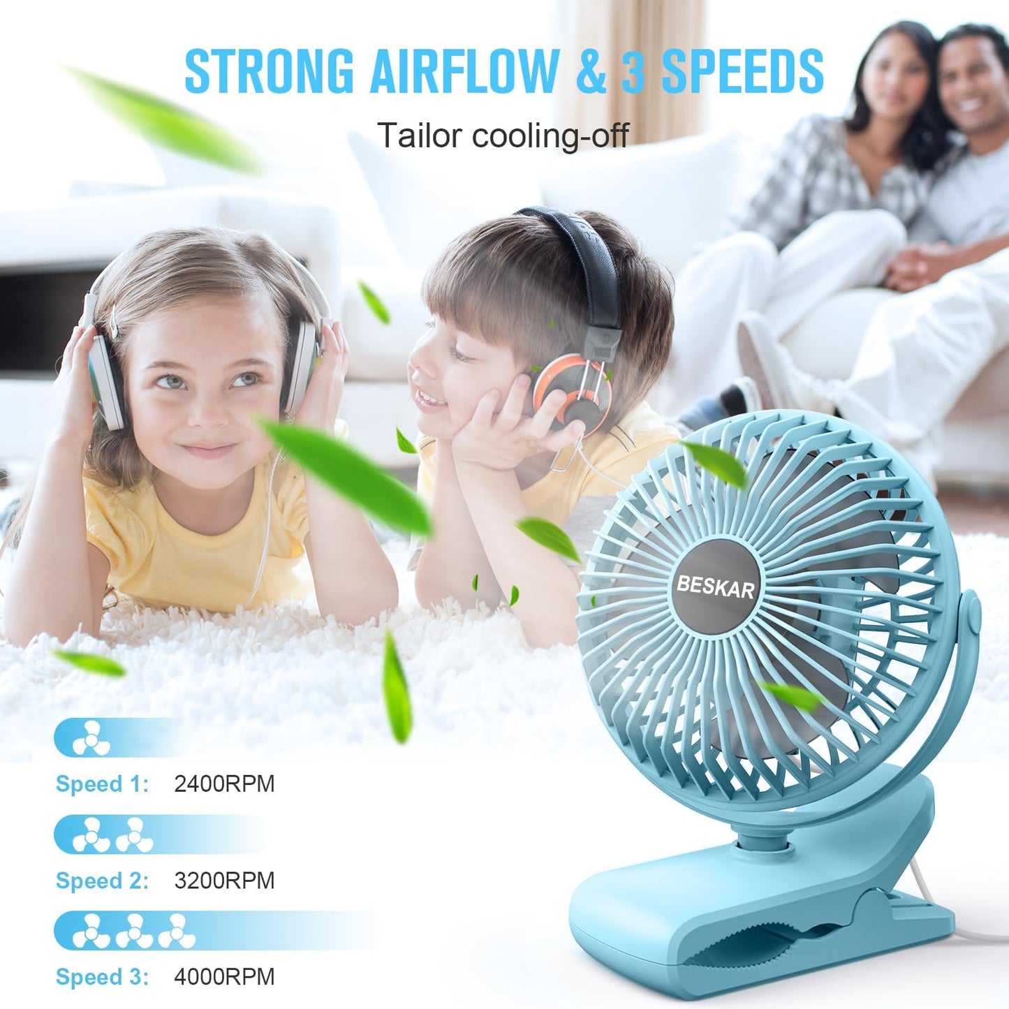 BESKAR Small Clip on Fan, 3 Speeds USB Fans with Strong Airflow, Clip & Desk Fans USB Plug in with Sturdy Clamp - Ultra Quiet operation for Office Dorm Bedroom Stroller