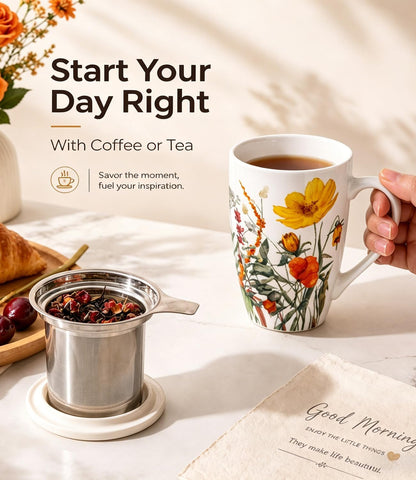 AmorArc 18oz Porcelain Tea Mug with Infuser & Lid, Loose Leaf Tea Cup with Stainless Steel Strainer, Large Coffee Mug Gift for Women, Tea Lovers, Home & Office