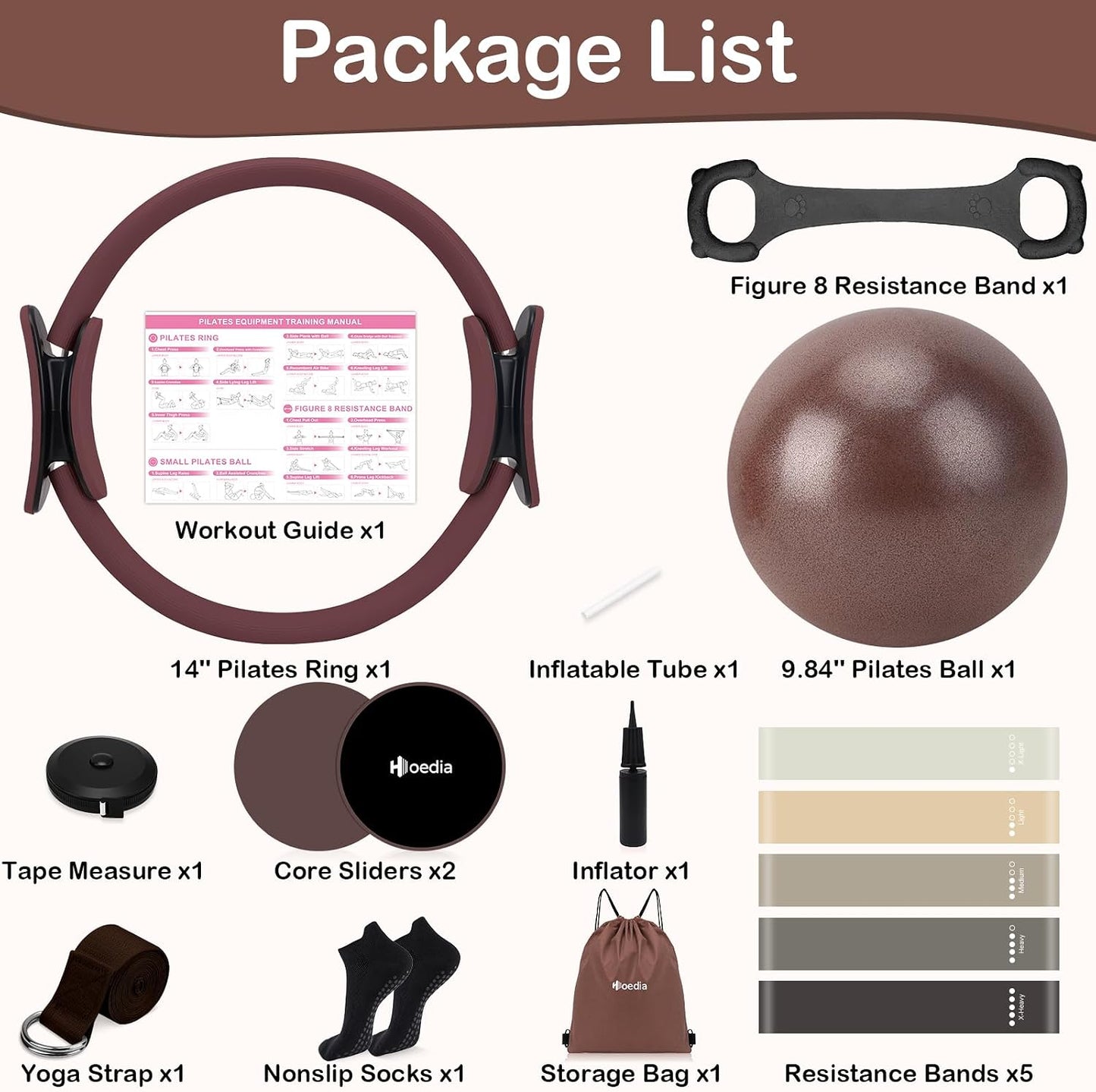 Hoedia Pilates Kit for Women, Pilates Equipment Ring and Ball Set with Resistance Bands, Yoga Strap, Core Sliders, Socks, Bag & Guide for Starter Home Workout Fitness Gym Essentials