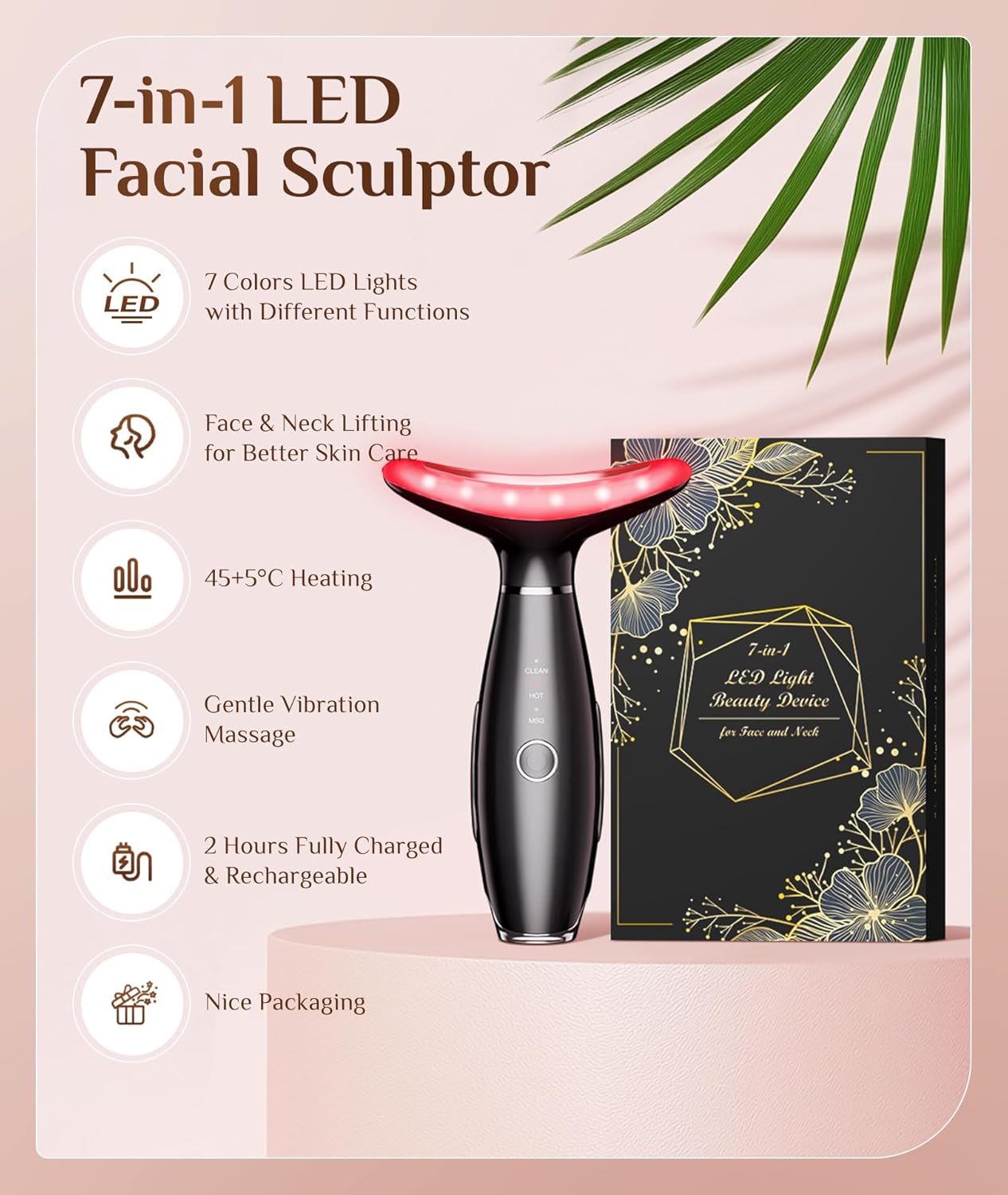 Dopsikn 7 Color Galvanic Machines - Red Light Therapy for Face and Neck, Face Massager Tool for Wrinkles, Double Chin, Vibrating Facial Massager with Thermals, Pink