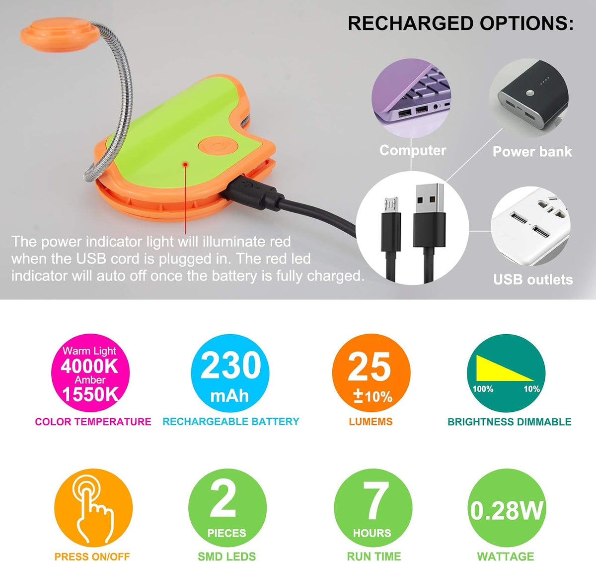 BIGMONAT Rechargeable Reading Light for Kids,Small Amber Book Light,Multi Colors Portable LED Reading Lamp with 361° Rotary Light Neck,Wireless Clip Reading Light for Books (White)