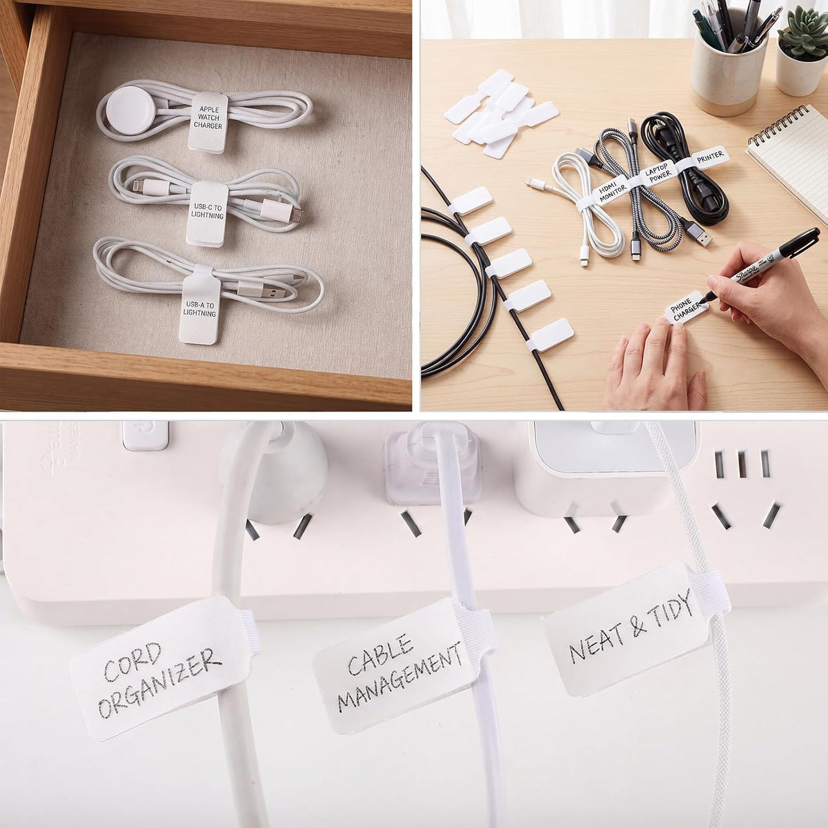 40Pack Cable Labels, Writable White Cord Labels