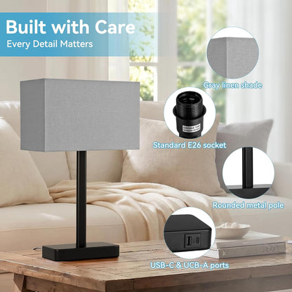 Hong-in Touch Lamps for Bedroom - 3-Way Dimmable Bedside Lamps Set of 2 with USB C+A, Grey Modern Table Lamp for Night Stands, Desk Lamp for Living Room Nightstand End Tables Bed Side