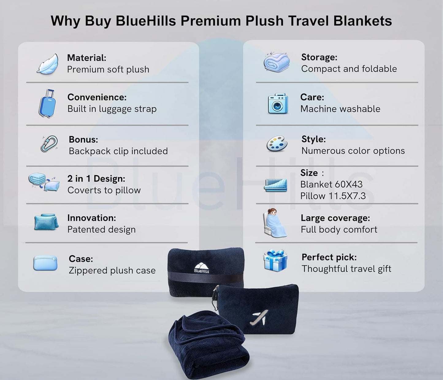 BlueHills Travel Blanket Pillow in Mini Soft Case Premium Plush Airplane Blanket Soft Bag Compact Pack with Luggage Belt and Backpack Clip Small Lightweight Traveling Plane Essentials - Grey Gray M01