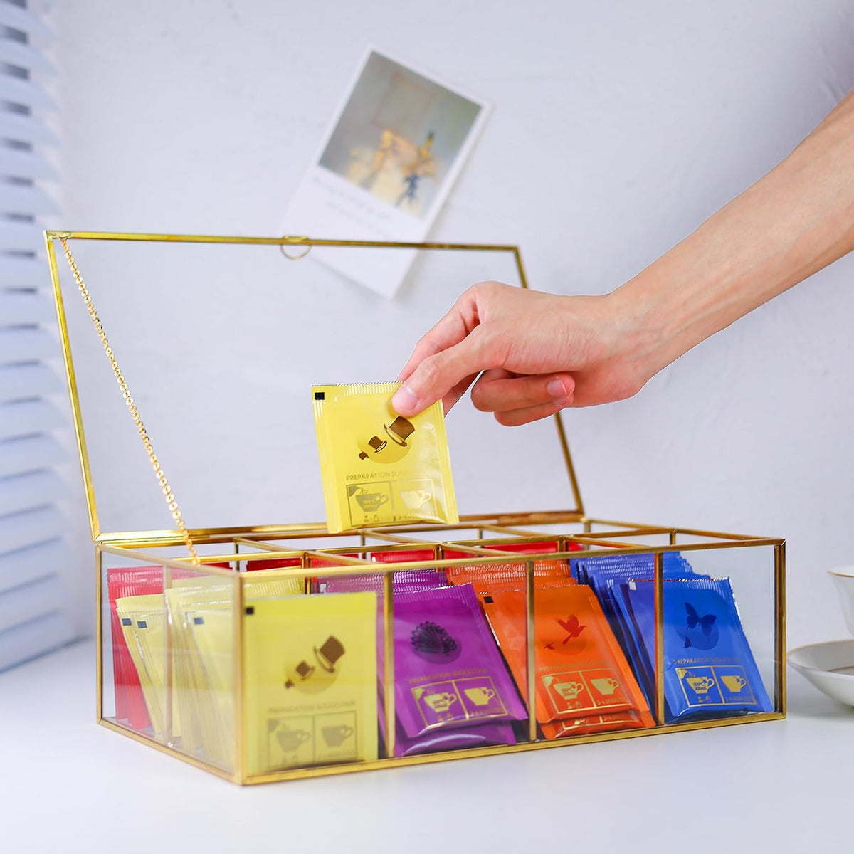REDHUGO Glass Tea Bag Organizer, 8-Compartment Tea Storage Box, Gold