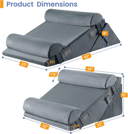 Sasttie Wedge Pillow Set for After Surgery, 2PCS Adjustable Bed Wedge Pillow Headboard with Memory Foam Neck Cushion – for Acid Reflux, Sleeping, Neck & Back Support, Dark Grey & White