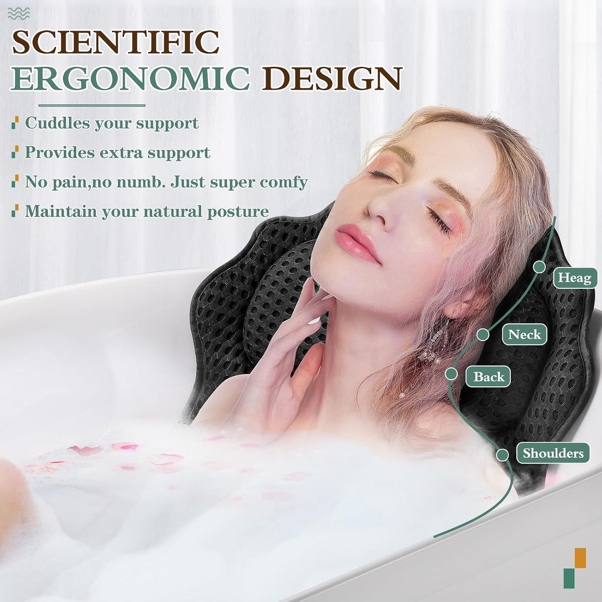 Bath Pillow RUVINCE Ergonomic Luxury Bathtub Pillow with Head,Neck, Shoulder and Back Support, 4D Bath Pillows for tub with 6 Powerful Suction Cups, Fits All Bathtub