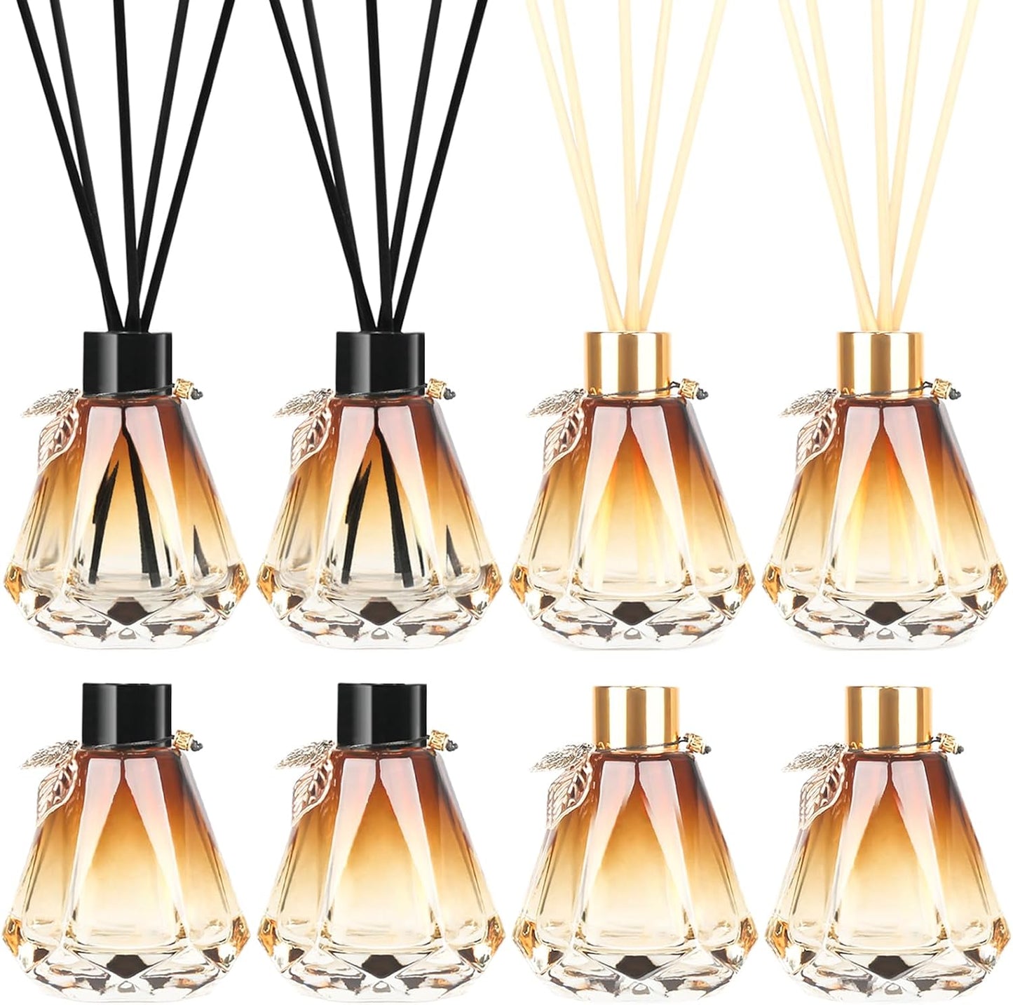 Reed Diffuser Set - 4 Empty Bottles with 20 Sticks, Delicate Gold Leaf Decor, Glass Fragrance Diffuser with Lids for Home, Bathroom | Refillable, Diamond Style (4 PCS Black)