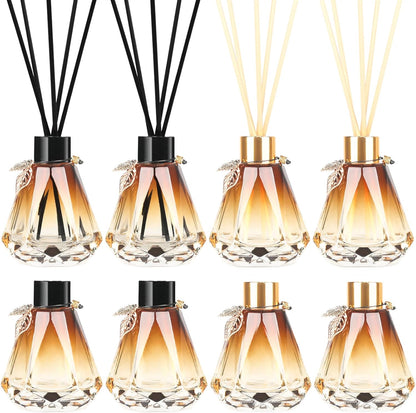 Reed Diffuser Set - 4 Empty Bottles with 20 Sticks, Delicate Gold Leaf Decor, Glass Fragrance Diffuser with Lids for Home, Bathroom | Refillable, Diamond Style (4 PCS Black)