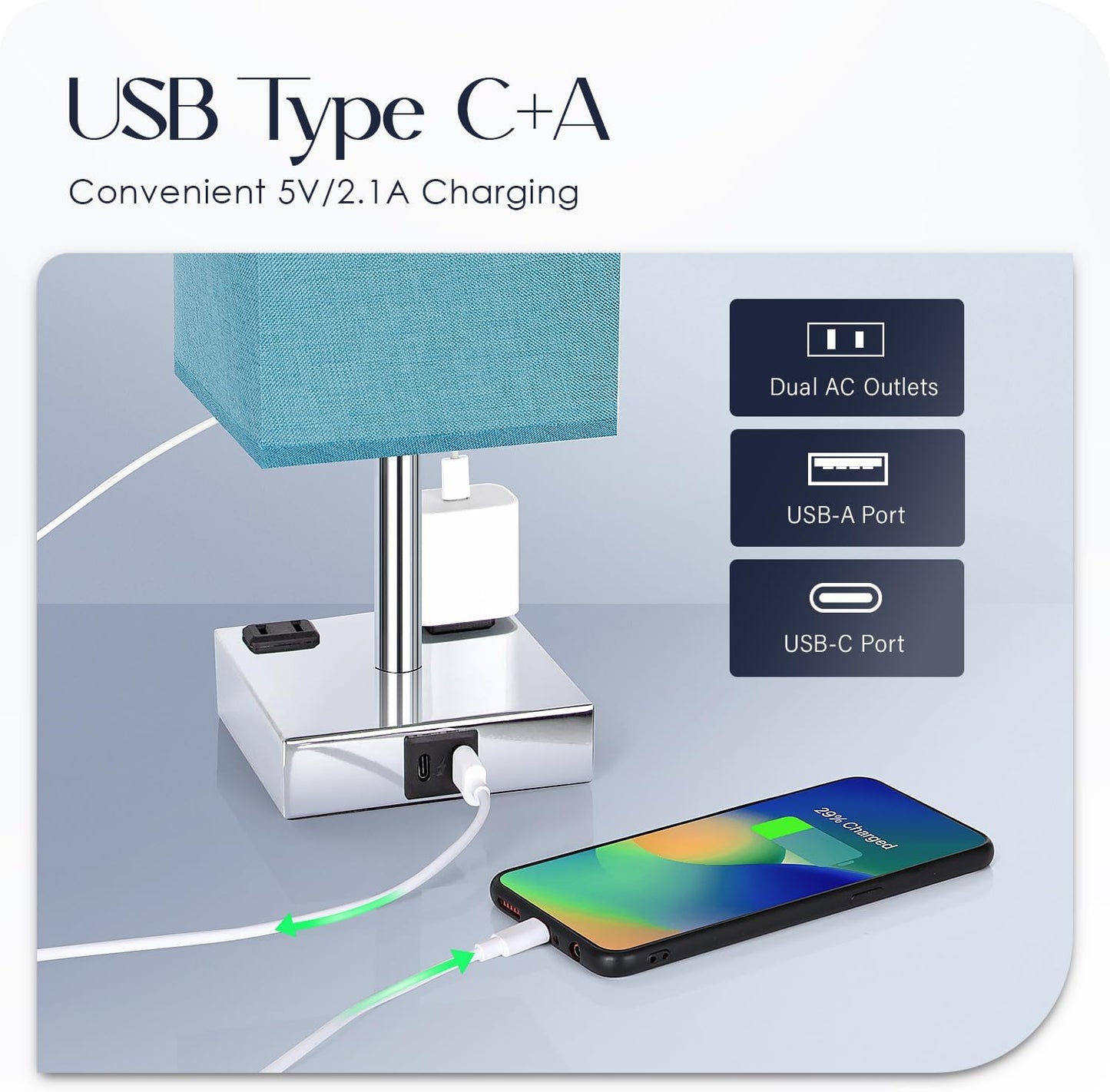 Bedside Table Lamp for Bedroom - Touch Small Lamp with USB C+A Charging Ports & AC Outlets, 3 Way Dimmable Nightstand Light for Living Room (LED Bulb Included, Grey)