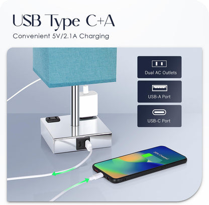 Bedside Table Lamp for Bedroom - Touch Small Lamp with USB C+A Charging Ports & AC Outlets, 3 Way Dimmable Nightstand Light for Living Room (LED Bulb Included, Grey)