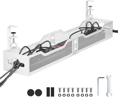 Under Desk Cable Management Tray No Drill, Metal Mesh Cable Management Under Desk with Clamp Mount, 2 Hole Cable Tray with Wire Management and Cord Organizer for Home Office Standing Desk
