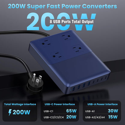 12-in-1 Charging Station USB C Power Strip with 5ft Cord and Plug,200W GaN IV USB C Charger Block,4 AC Outlets,8 USB for MacBook,iPhone 17/16/15,Fast Charging Desktop Charger for Office,Home