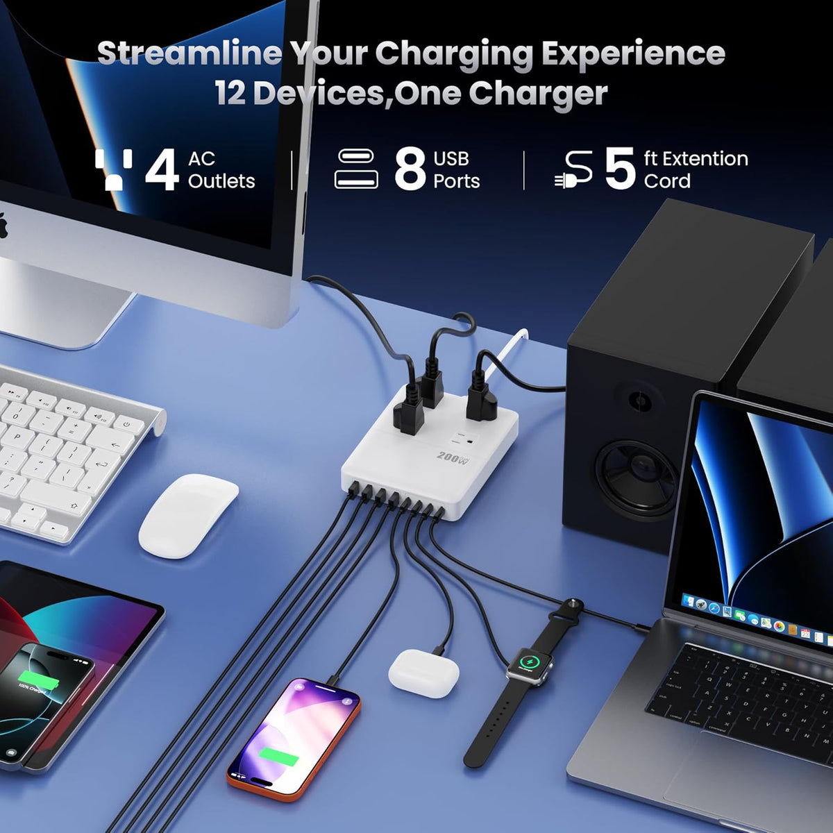 12-in-1 Charging Station USB C Power Strip with 5ft Cord and Plug,200W GaN IV USB C Charger Block,4 AC Outlets,8 USB for MacBook,iPhone 17/16/15,Fast Charging Desktop Charger for Office,Home