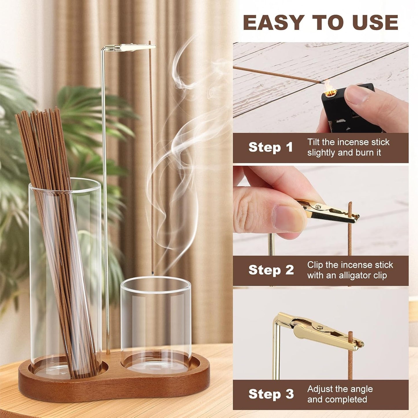 2 in 1 Incense Holder for Sticks, Incense Burner Holder with Glass Ash Storage and Incense Sticks Organizer, Insence-Stick Holder for Yoga Spa Meditation Home Decor
