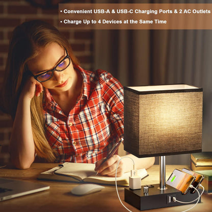 Kakanuo Fully Dimmable Nightstand Lamp for Bedroom with USB C Ports, Grey Small Bedside Table Lamp with Charging Outlets and Phone Stands, Wooden Desk Lamp for Living Room, LED Bulb Included