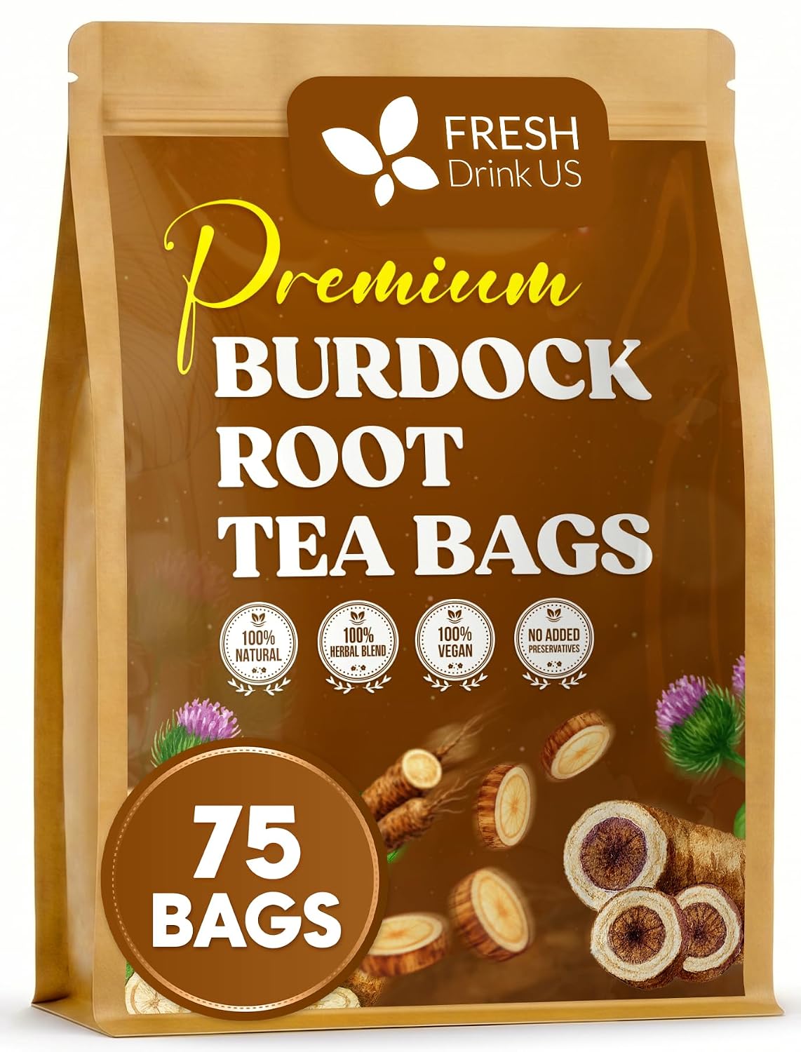 FreshDrinkUS, Premium Burdock Root Tea, 75 Count, Pure, Caffeine Free