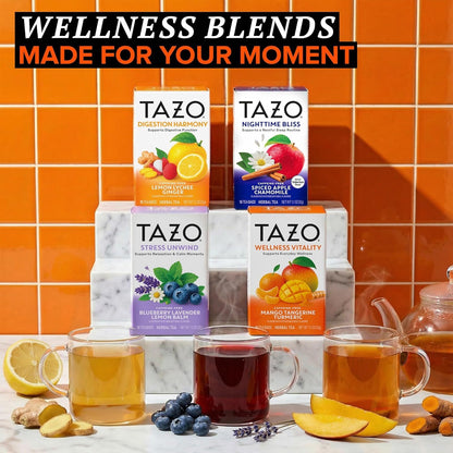 TAZO Herbal Tea Variety Pack, Nighttime Bliss Spiced Apple Chamomile, Digestion Harmony Lemon Lychee Ginger, Stress Unwind Blueberry Lavender Lemon Balm, Wellness Vitality Mango Tangerine Turmeric, 1 of Each (Variety Pack)