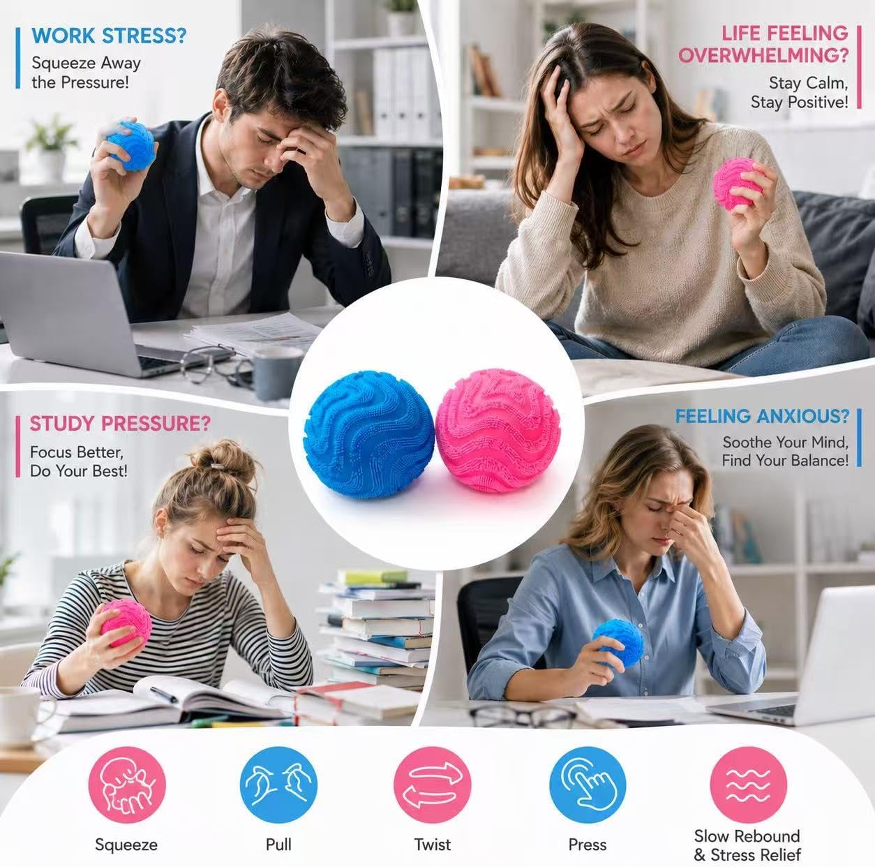 Fuzz Ball Squishy, Stress Balls for Adults Slow Rise Squishies Soft Sensory Fuzz Balls Adults Anxiety Stress Relief Toys,Stress Relief Toy for Relaxation,Office Desk Decor (Pink)