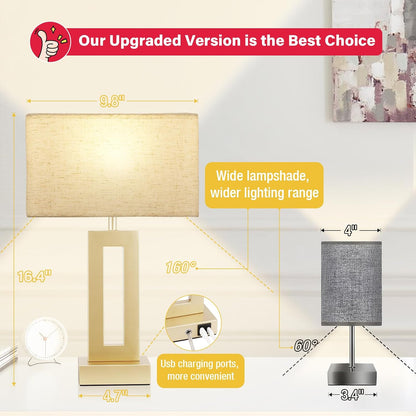 Gold Table Lamps Set of 2, 16.4" Bedside Lamps for Nightstand with USB C+A