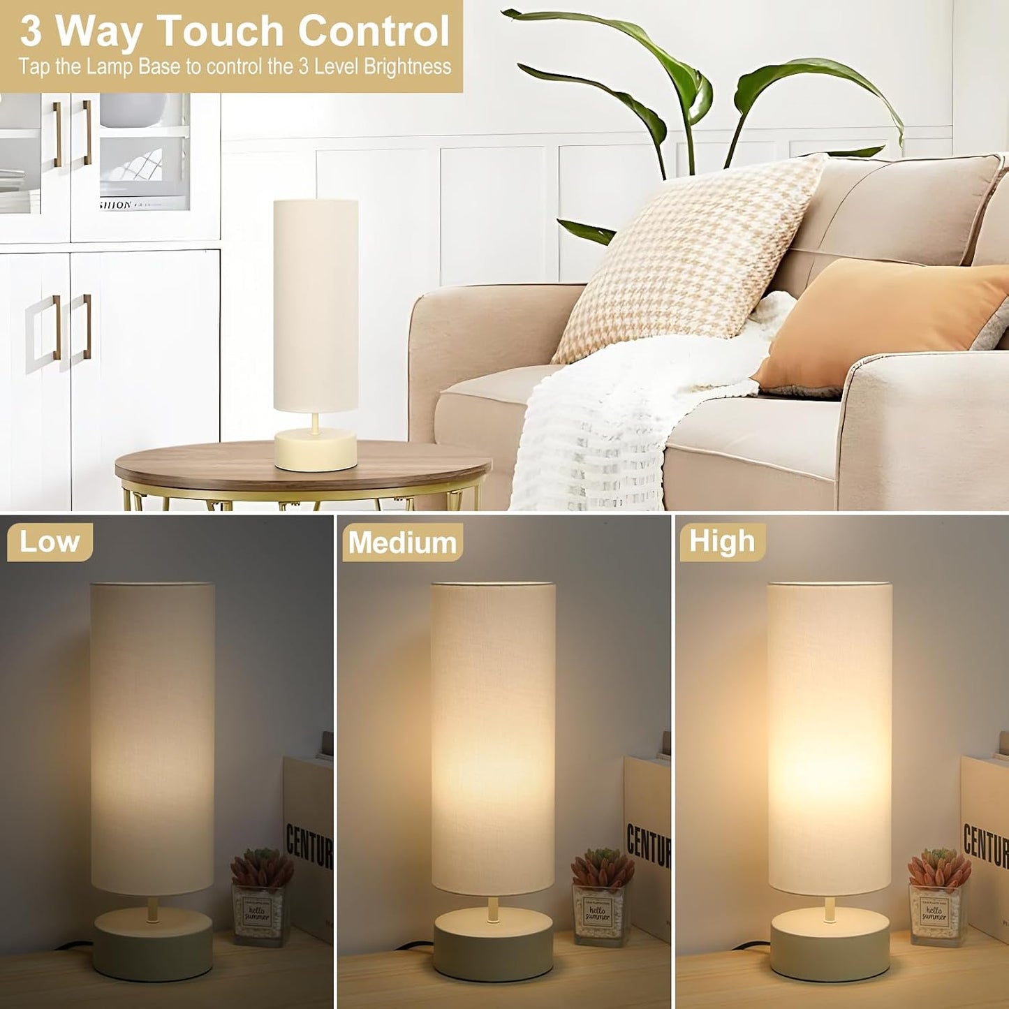 Touch Table Lamp, 3-Way Dimmable Modern Minimalist Accent Bedside Lamp with Cylinder Fabric Shade, Night Light Nightstand Desk Lamp for Bedroom Living Room Kitchen, 9W LED Bulb Included
