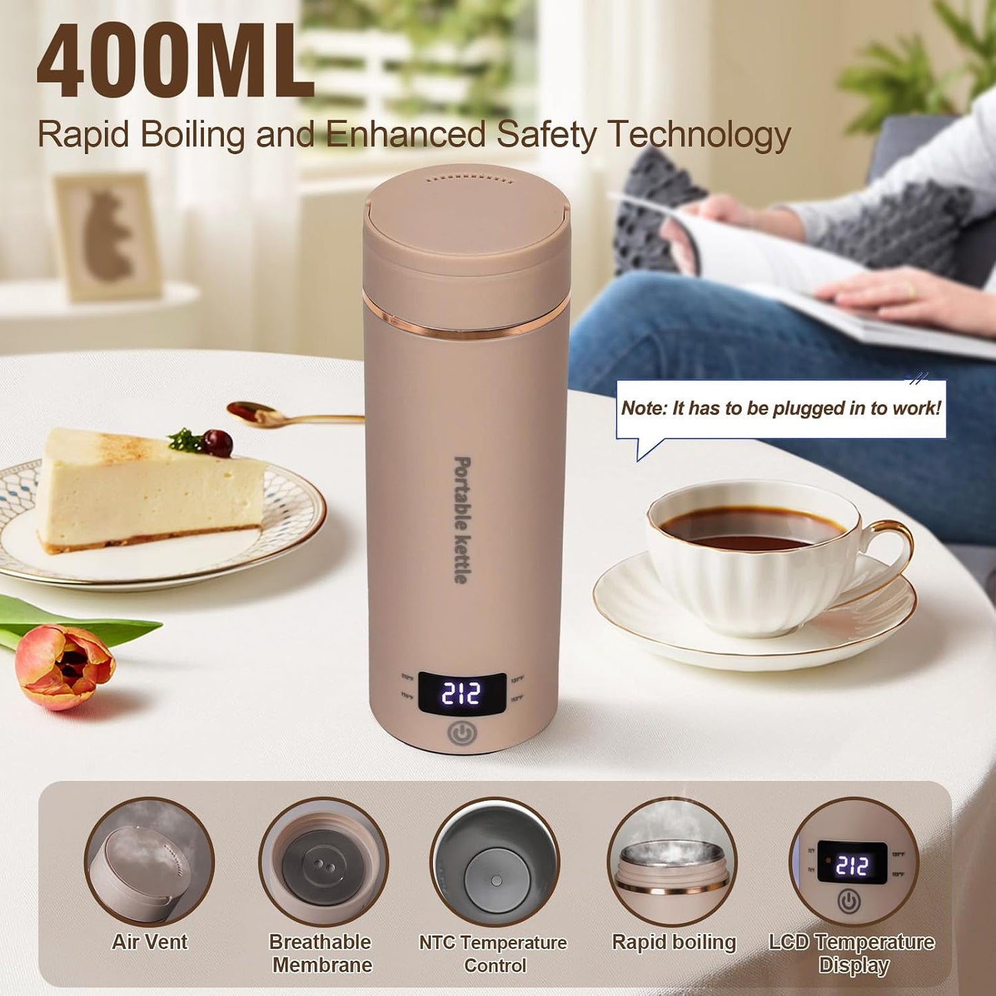 Travel Electric Kettle Portable Mini Kettle,Small Hot Water Boiler with 4 Temperature Settings,304 Stainless Steel,Fast Boiling Water with Auto Shut-Off and Boil Dry Protection,400ml (Beige, 400ML)