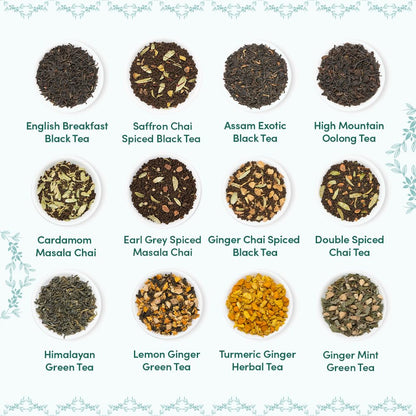 VAHDAM Tea Gift Set - 12 Loose Leaf Teas in Tin Caddy Presentation Box | Premium Tea Sampler Gift Hamper for Women, Men & Tea Lovers | Christmas Gift, Birthday, Housewarming | Gluten Free, Non-GMO