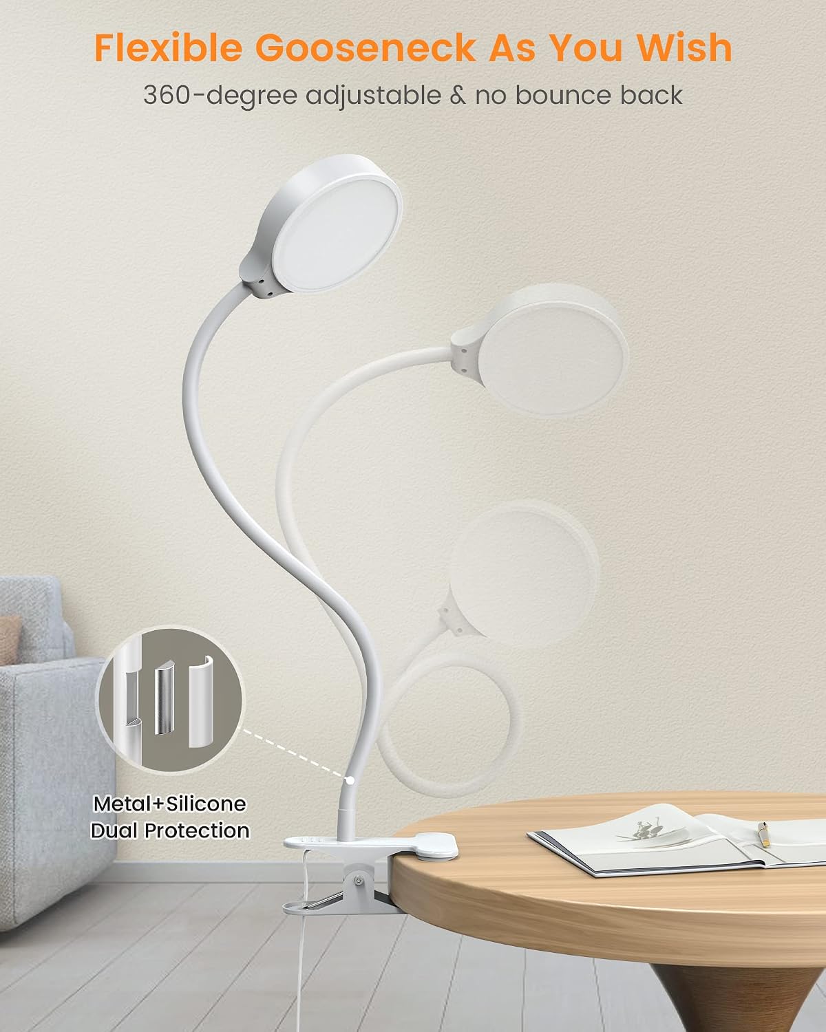 Glocusent 5W Clip on Light, 36 LED Eye Caring Reading Light for Bed, 3 Colors & 5 Brightness Clip on Lamp with Adapter, Perfect Desk Lamp with Clamp/Bunk Bed/Headboard/Table