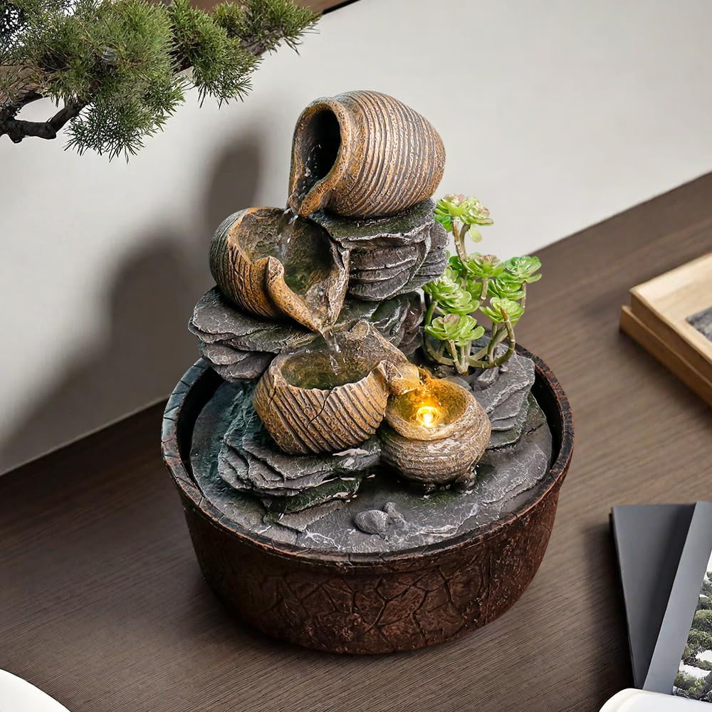 Indoor Waterfall Tabletop Fountain with LED Lights,Zen Water
