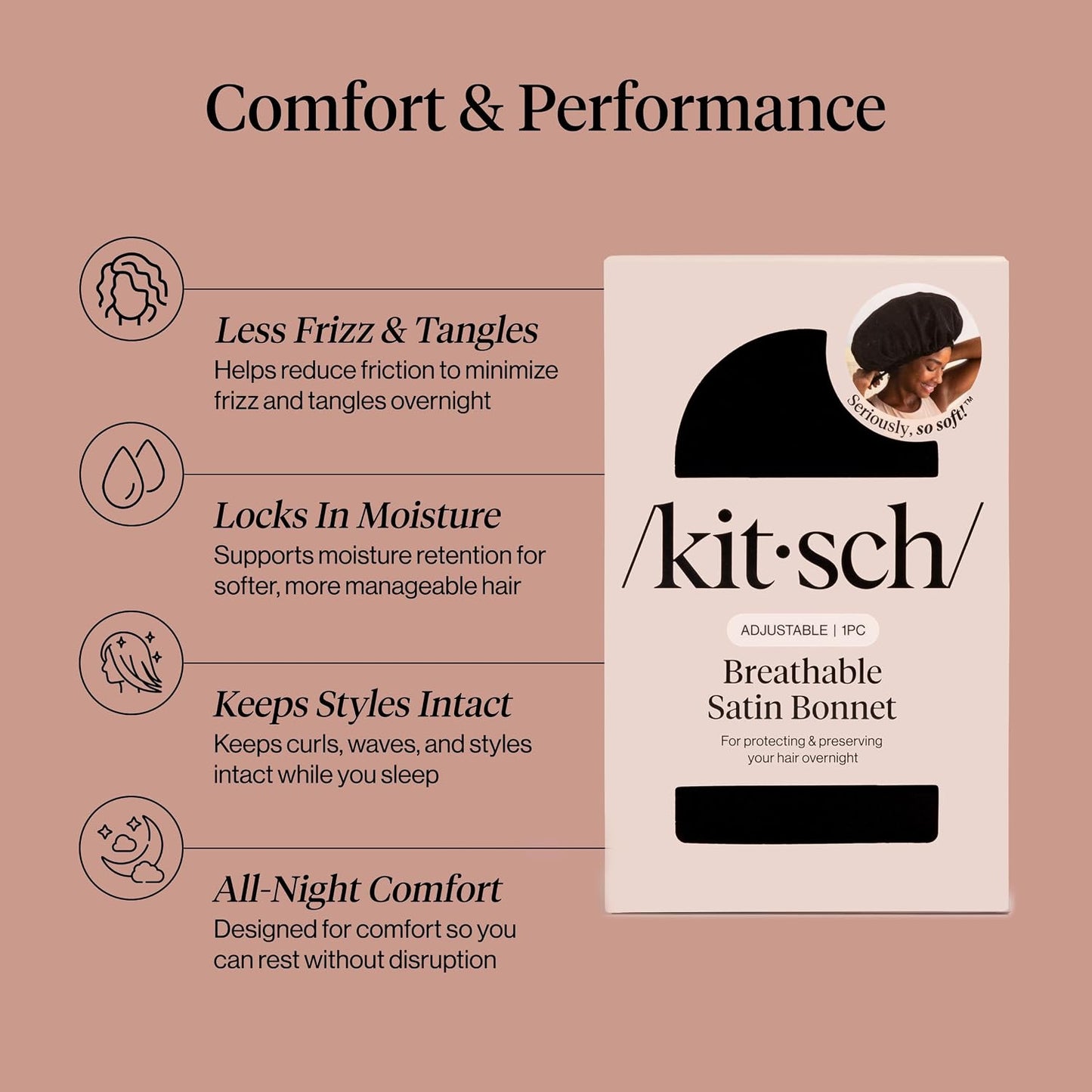 Kitsch XL Satin Bonnet for Sleeping - Softer Than Silk Bonnet For Sleeping Women - Secure Fit, Adjustable, Night Cap For Curly & Textured Hair - Prevents Breakage, Tangles & Thinning - Blush