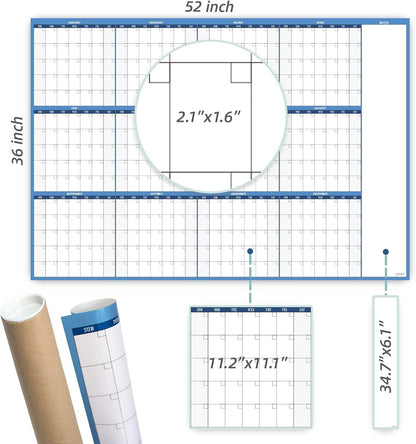 Dry Erase Wall Calendar - 38x26 Inches - Blank Undated Yearly Calendar - Whiteboard Premium Laminated Planner - Reusable Laminated Office Jumbo 12-Month Calendar (Vertical)