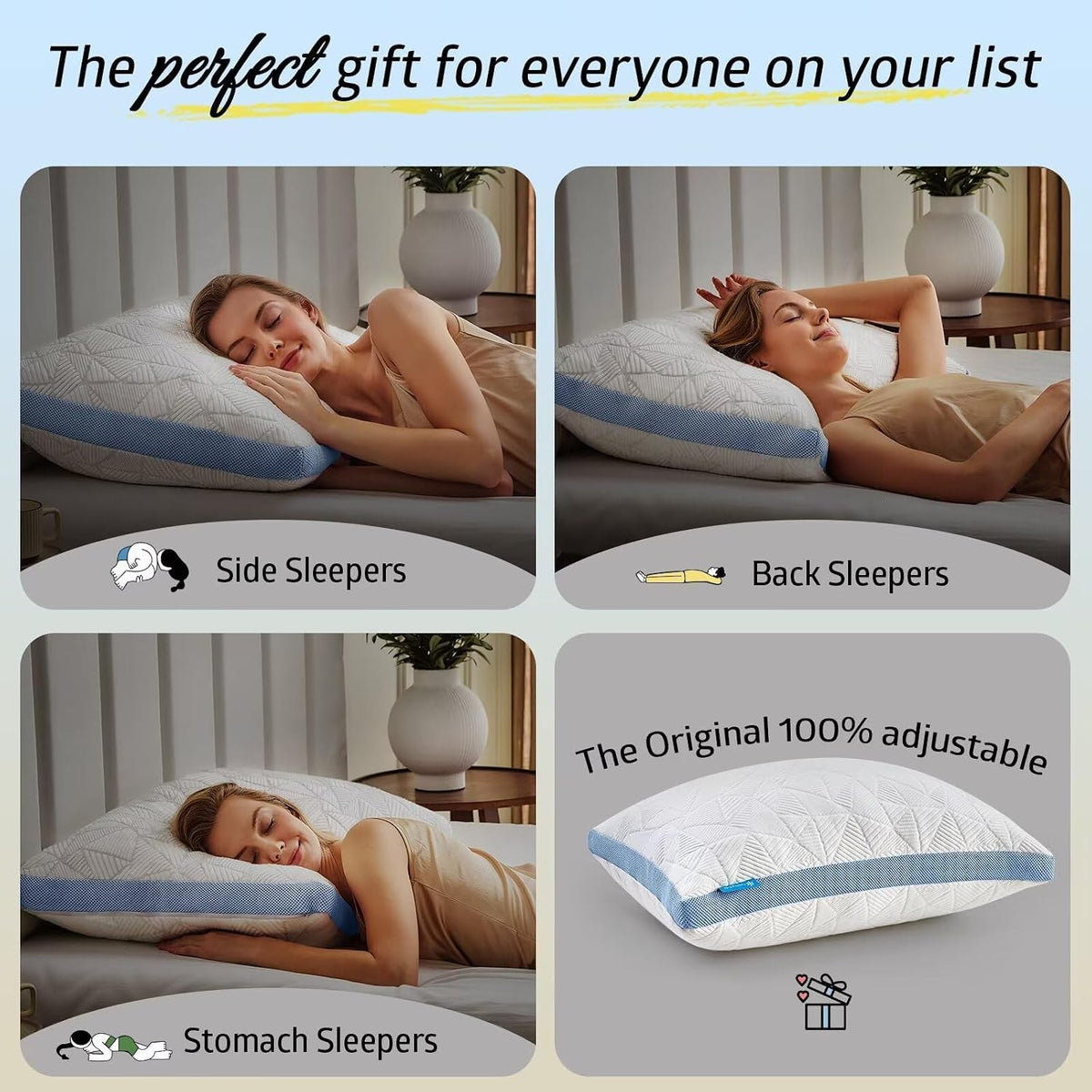 BETU Cooling Pillow Queen Size, Shredded Memory Foam Cool Pillow for Hot Sleepers, Adjustable Firm Soft Support Bed Pillows Perfect for Back Neck Pain and Side Sleeping with Pillow Case Cover, White