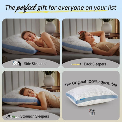 BETU Cooling Pillow Queen Size, Shredded Memory Foam Cool Pillow for Hot Sleepers, Adjustable Firm Soft Support Bed Pillows Perfect for Back Neck Pain and Side Sleeping with Pillow Case Cover, White