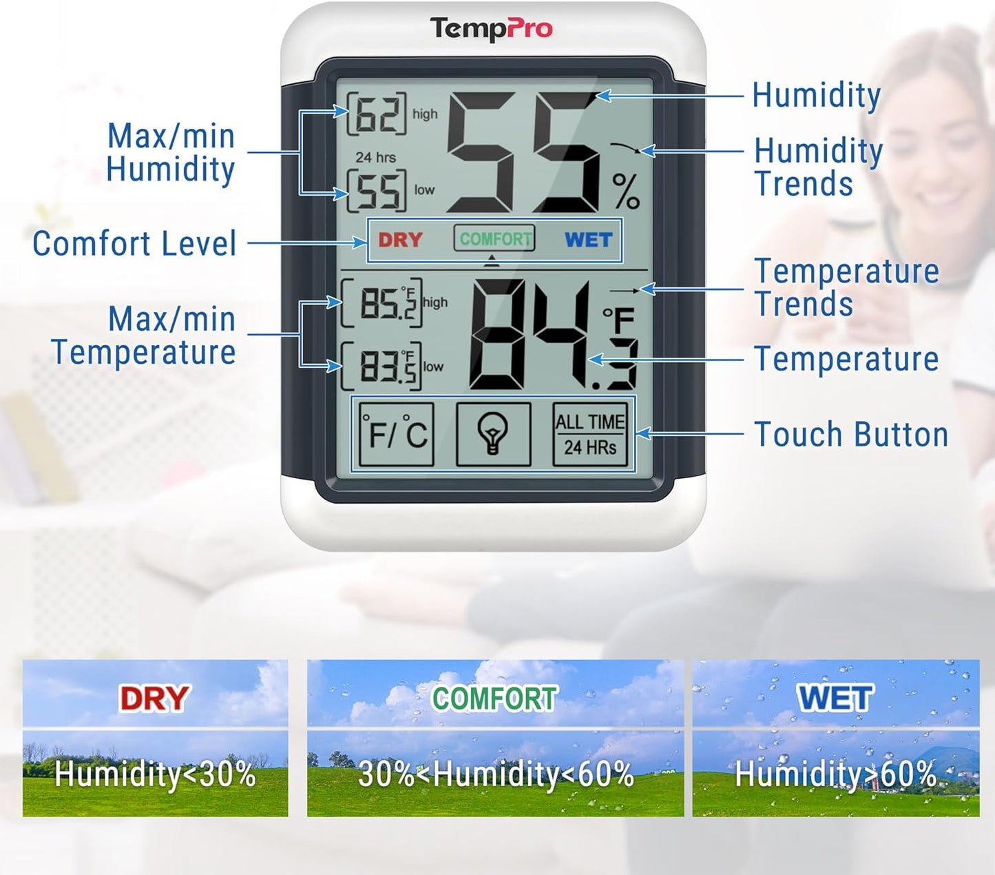 TempPro TP55 Digital Indoor Hygrometer Thermometer, 4-Inch Temperature/Humidity Monitor with Touchscreen and Backlit, Room Thermometer/Humidity Meter for House Home Greenhouse (Previously ThermoPro)