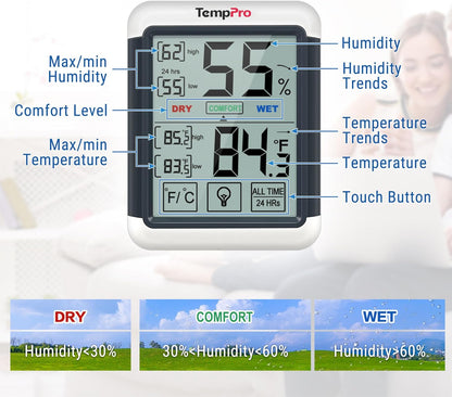 TempPro TP55 Digital Indoor Hygrometer Thermometer, 4-Inch Temperature/Humidity Monitor with Touchscreen and Backlit, Room Thermometer/Humidity Meter for House Home Greenhouse (Previously ThermoPro)