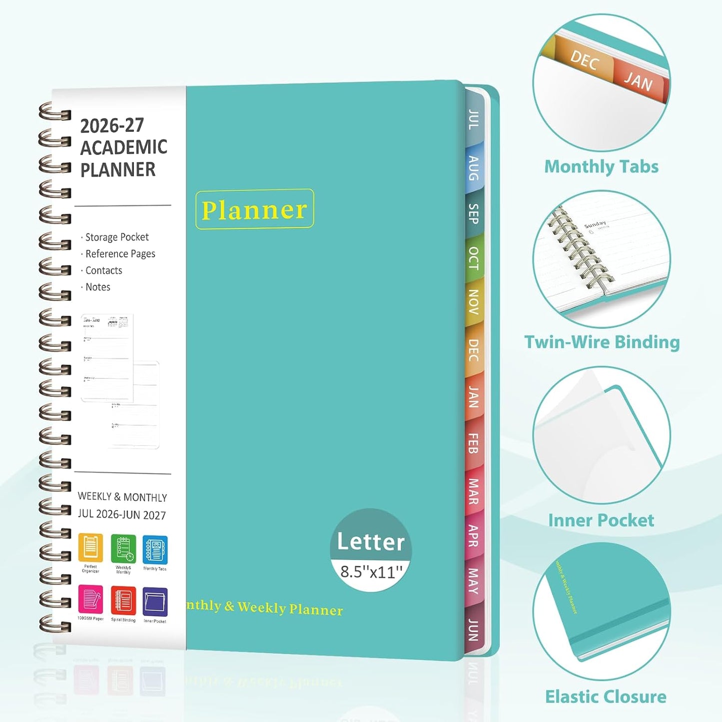 Planner 2026-2027, Weekly and Monthly Calendar Planner, JUL 2026 - JUN 2027 | Academic Year, Daily Agenda Book, A5(6.3'' x 8.5''), Sprial Bound, Inner Pocket, Office School Use