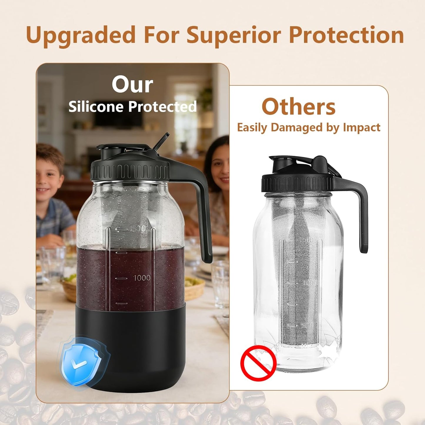 Cold Brew Coffee Maker,64 oz Mason Jar Pitcher with Stainless Steel Filter, Pour Spout Handle Lid, Heavy Duty Glass Airtight & Leak-Proof for Iced Coffee,Tea & Lemonade
