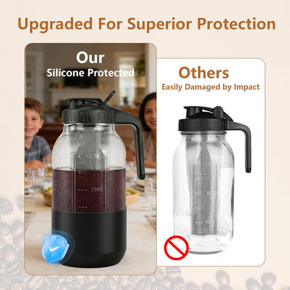 Cold Brew Coffee Maker,64 oz Mason Jar Pitcher with Stainless Steel Filter, Pour Spout Handle Lid, Heavy Duty Glass Airtight & Leak-Proof for Iced Coffee,Tea & Lemonade