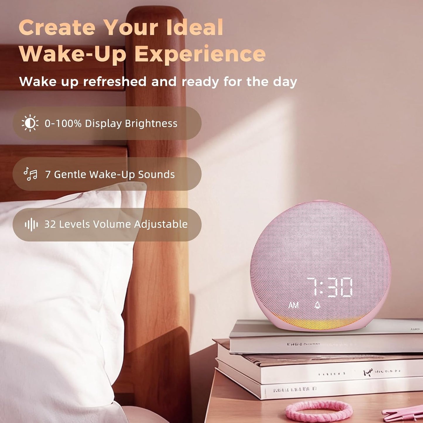 Sound Machine Alarm Clock for Bedroom: 25 Natural Sleep Sounds - White Noise Machine for Adults Kids Baby - Gentle Wake Up Alarm with Bluetooth Speaker - Putty