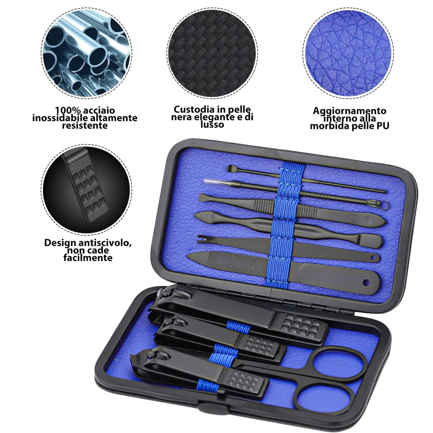 Glamne Manicure Set Nail Clippers Kit Professional Stainless Steel Nail Care Tools with Leather Travel Case 10 in 1 Black