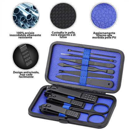 Glamne Manicure Set Nail Clippers Kit Professional Stainless Steel Nail Care Tools with Leather Travel Case 10 in 1 Black
