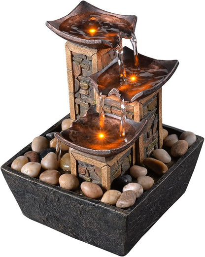GOSSI Indoor Waterfall Fountain, 10.3" Tabletop Water Fountain with LED Lights & River Rocks, Relaxing Home Office Decor
