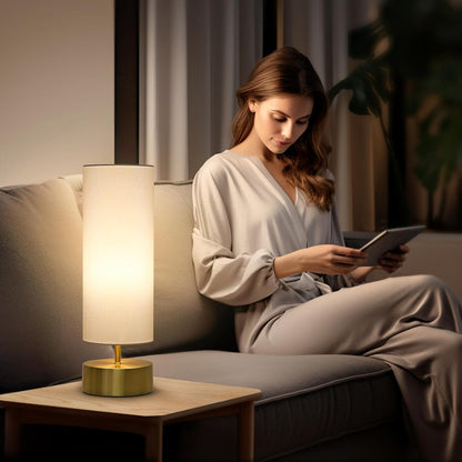 Touch Table Lamp, 3-Way Dimmable Modern Minimalist Accent Bedside Lamp with Cylinder Fabric Shade, Night Light Nightstand Desk Lamp for Bedroom Living Room Kitchen, 9W LED Bulb Included
