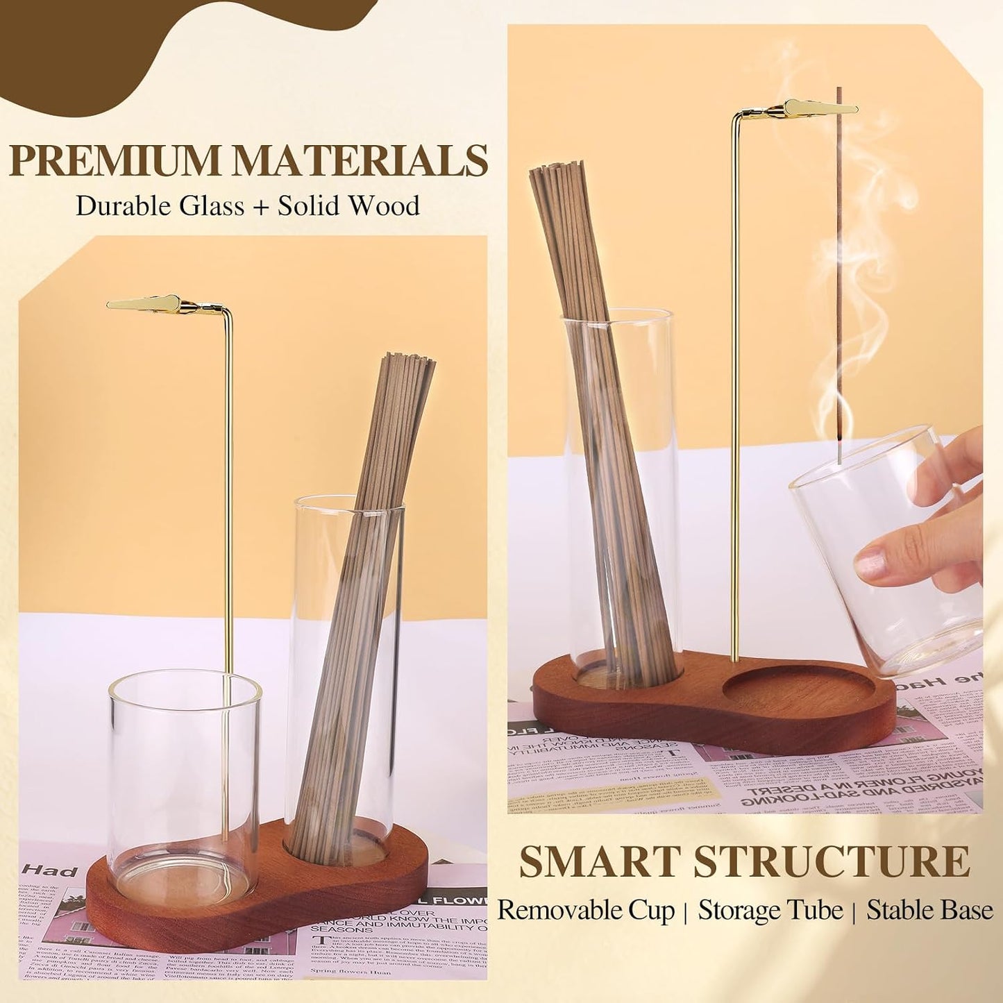 2 in 1 Incense Holder for Sticks with Glass Ash Catcher, Upside Down Anti-Ash Incense Stick Burner, Modern Vertical Incense Holder for Yoga, Spa, Meditation and Home Decor （Black）