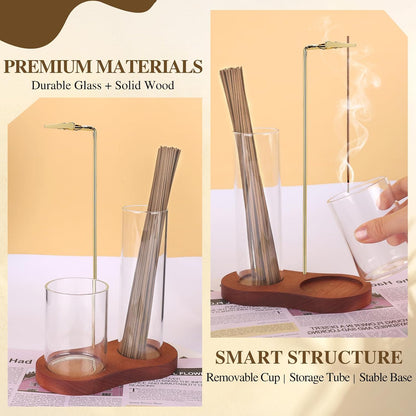 2 in 1 Incense Holder for Sticks with Glass Ash Catcher, Upside Down Anti-Ash Incense Stick Burner, Modern Vertical Incense Holder for Yoga, Spa, Meditation and Home Decor （Black）