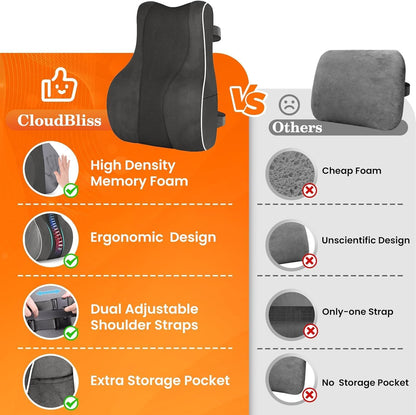 CloudBliss Ergonomic Lumbar Support Pillow – Memory Foam for Lower Back Pain Relief, Adjustable Straps & Mesh Cover for Office, Gaming, Car Seat & Home Essentials (Black)
